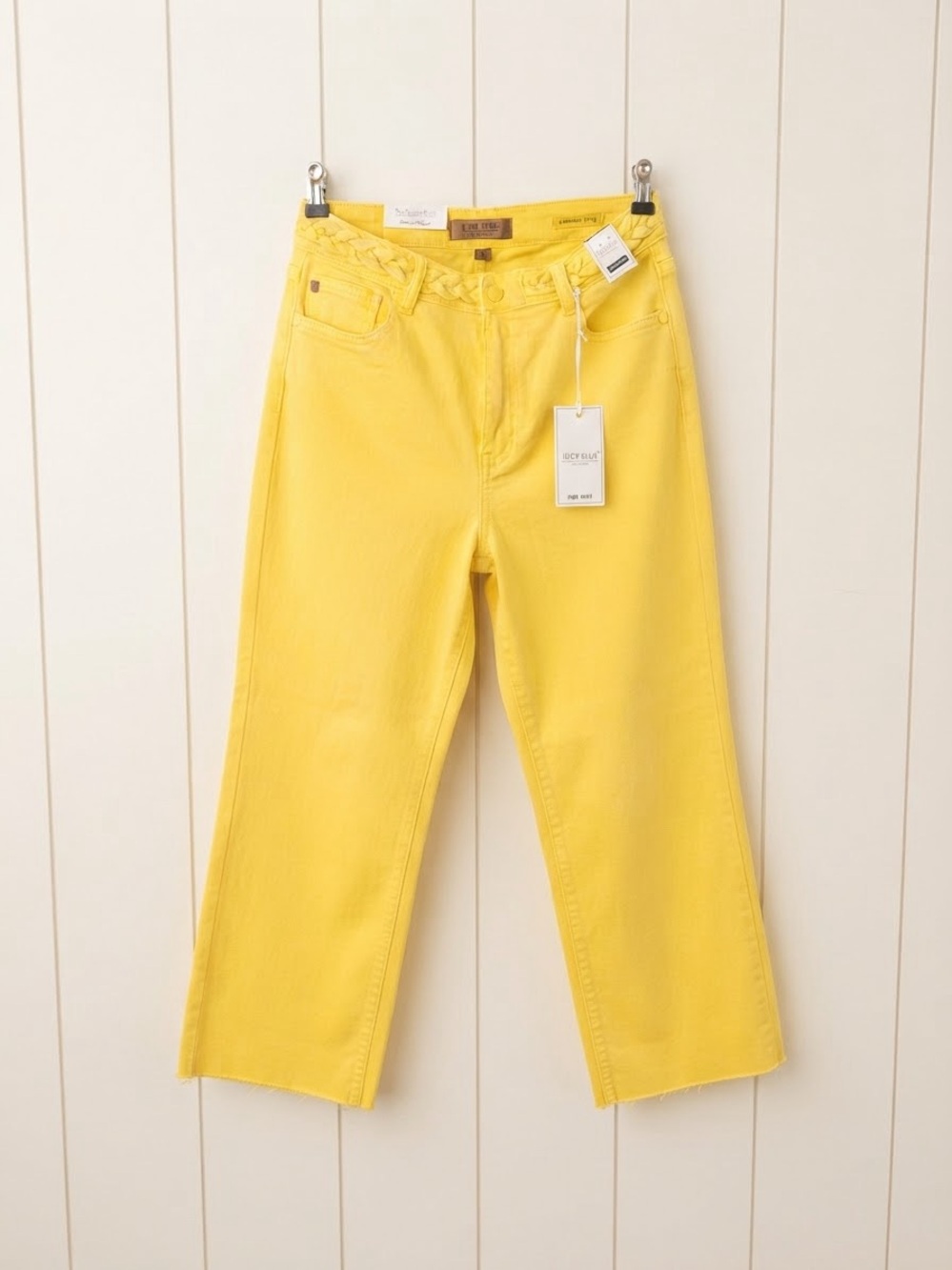 NWT Judy Blue High-Waist Yellow Braided Waistband Crop Wide-Leg Jeans (Sz 13/31)